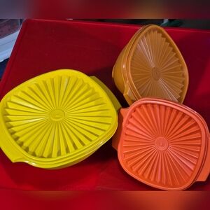 Tupperware 3 Bowls Lids Set Vintage Servalier 836 838 840 Yellow Tan Orange 70s